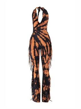Tie-Dye Halter‎ Fringe Jumpsuit in Black & Orange